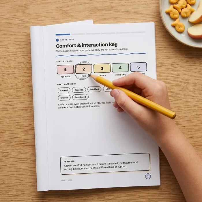 A child using the journal’s Comfort and Interaction Key with a pencil