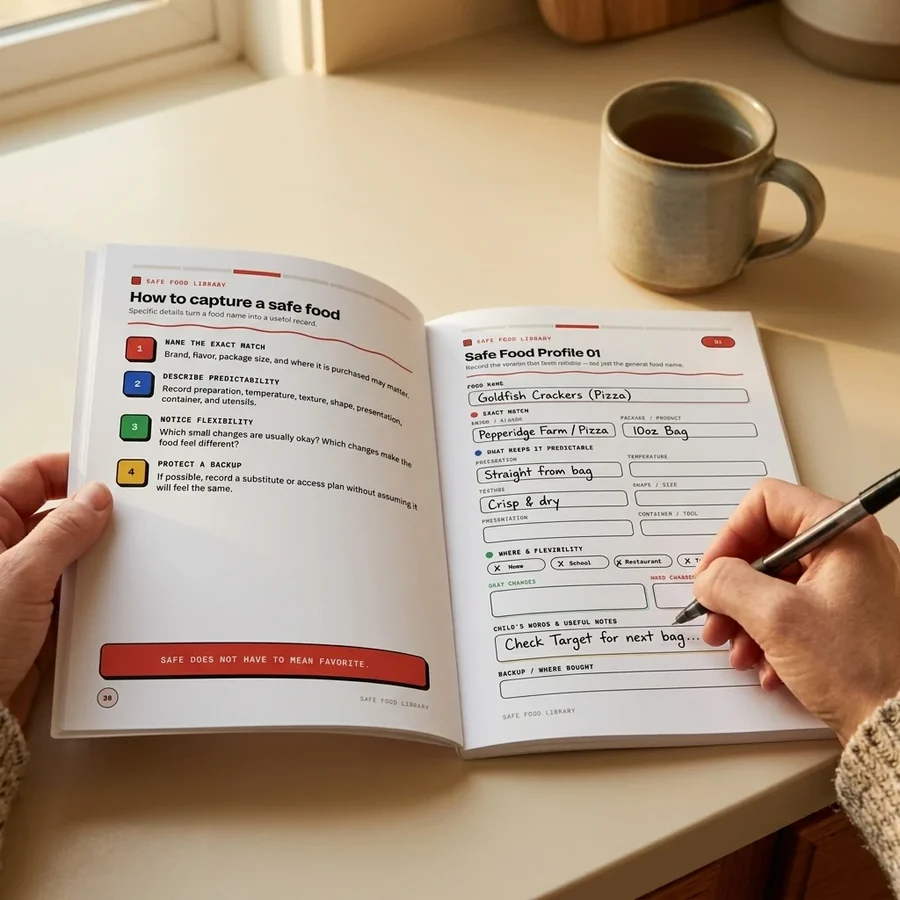 A parent writing in a Safe Food Profile spread in ARFID Food Journey