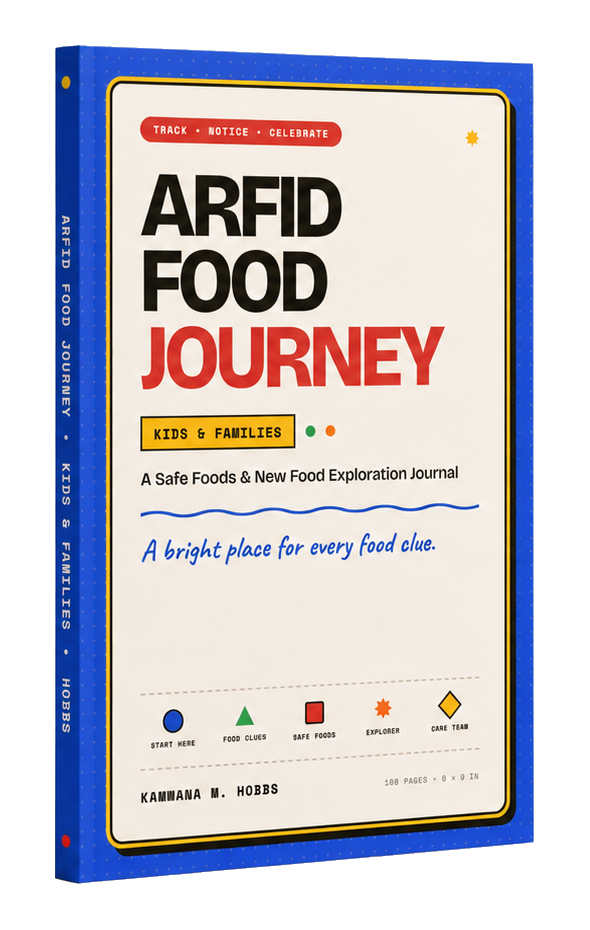 Standing paperback copy of ARFID Food Journey – Kids & Families